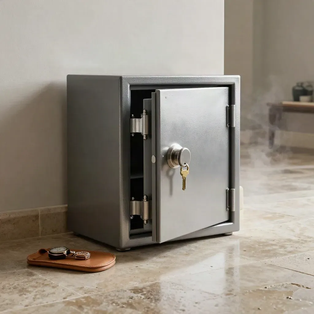 Open floor safe in a pale stone foyer with key ring, bolts and leather tray at dawn