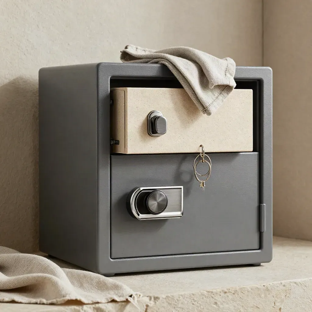 Matte gunmetal home safe and lockbox hover over pale stone with linen and key ring.