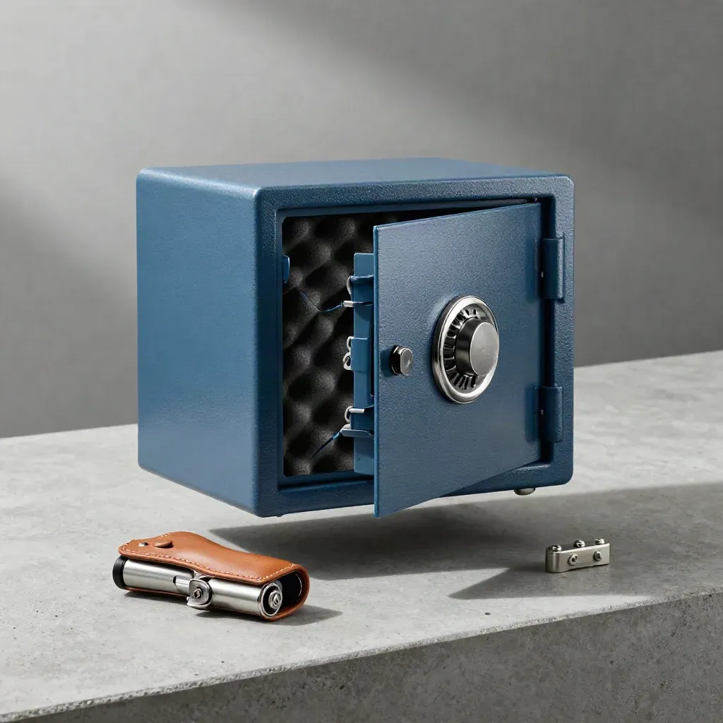 Steel-blue biometric gun safe with holster and battery pack on cool concrete.