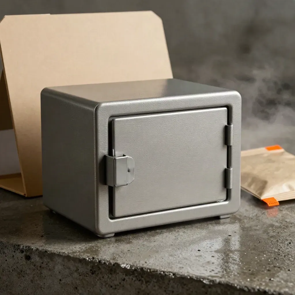 Brushed titanium fireproof safe closing on wet concrete with folder sleeve and pouch