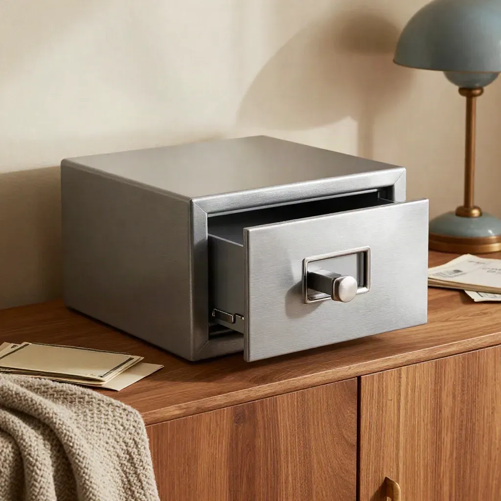 Brushed steel fireproof file safe closing on an oak workspace with sleeves, cash packet, lamp and knit throw.