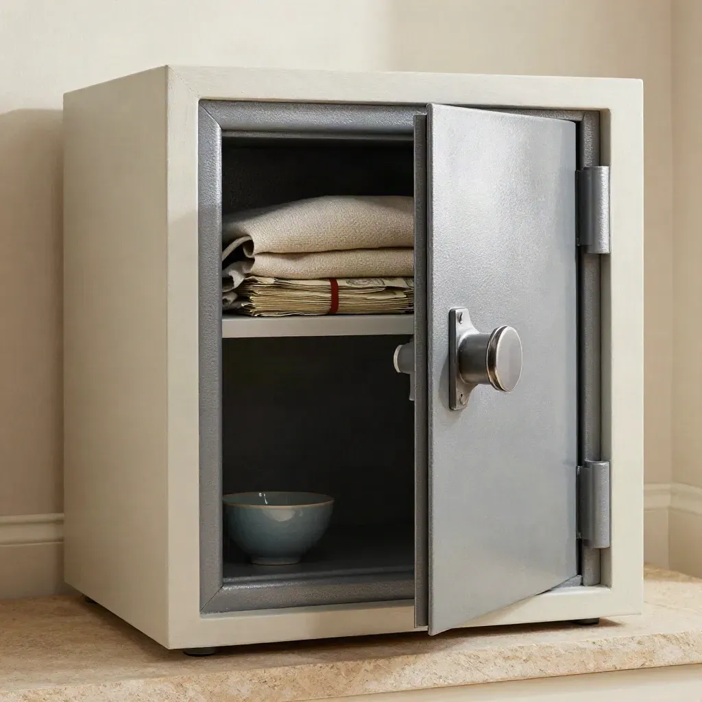 Open wall safe in pale plaster with cash bundle and small blue ceramic bowl