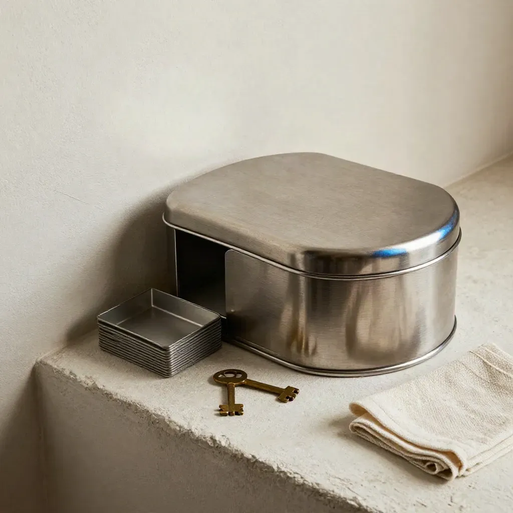 Overhead brushed-steel cash box with blank trays, keys and folded cloth on a plaster ledge.