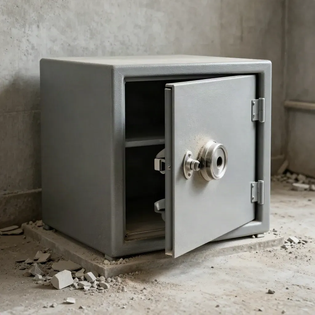 Floor safe set into raw concrete with dust at the seam, floor-level product hero