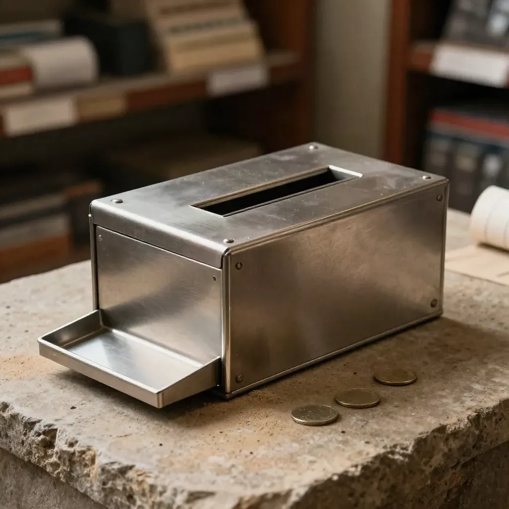 Steel cash drop box on sand-toned stone with coins and receipt rolls nearby
