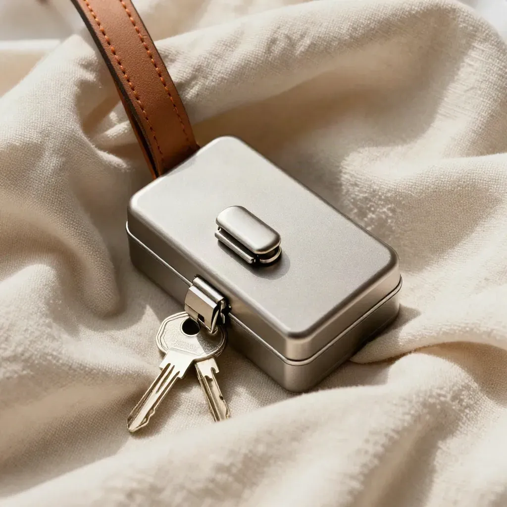 Matte titanium portable lockbox half-buried in cream fabric with keys and a leather strap