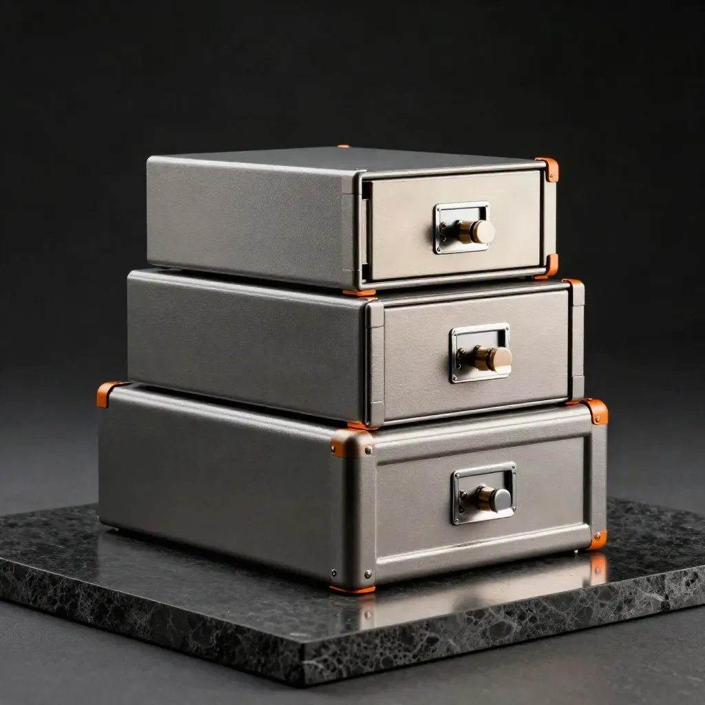 Three safes in a dramatic diagonal on a dark studio slab with orange highlights.
