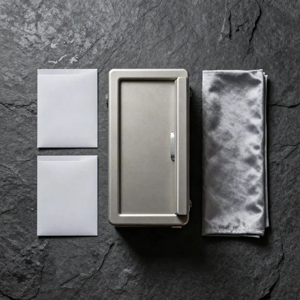 Silver fireproof file safe on wet stone with sleeves and folded cloth, seen from above.