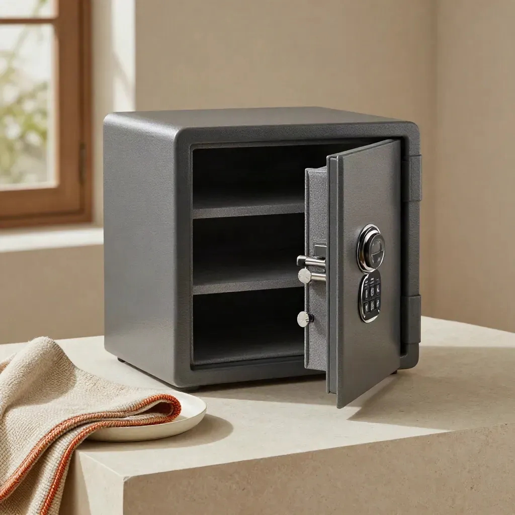 Open matte gunmetal home safe on a plaster pedestal with tray and folded blanket.