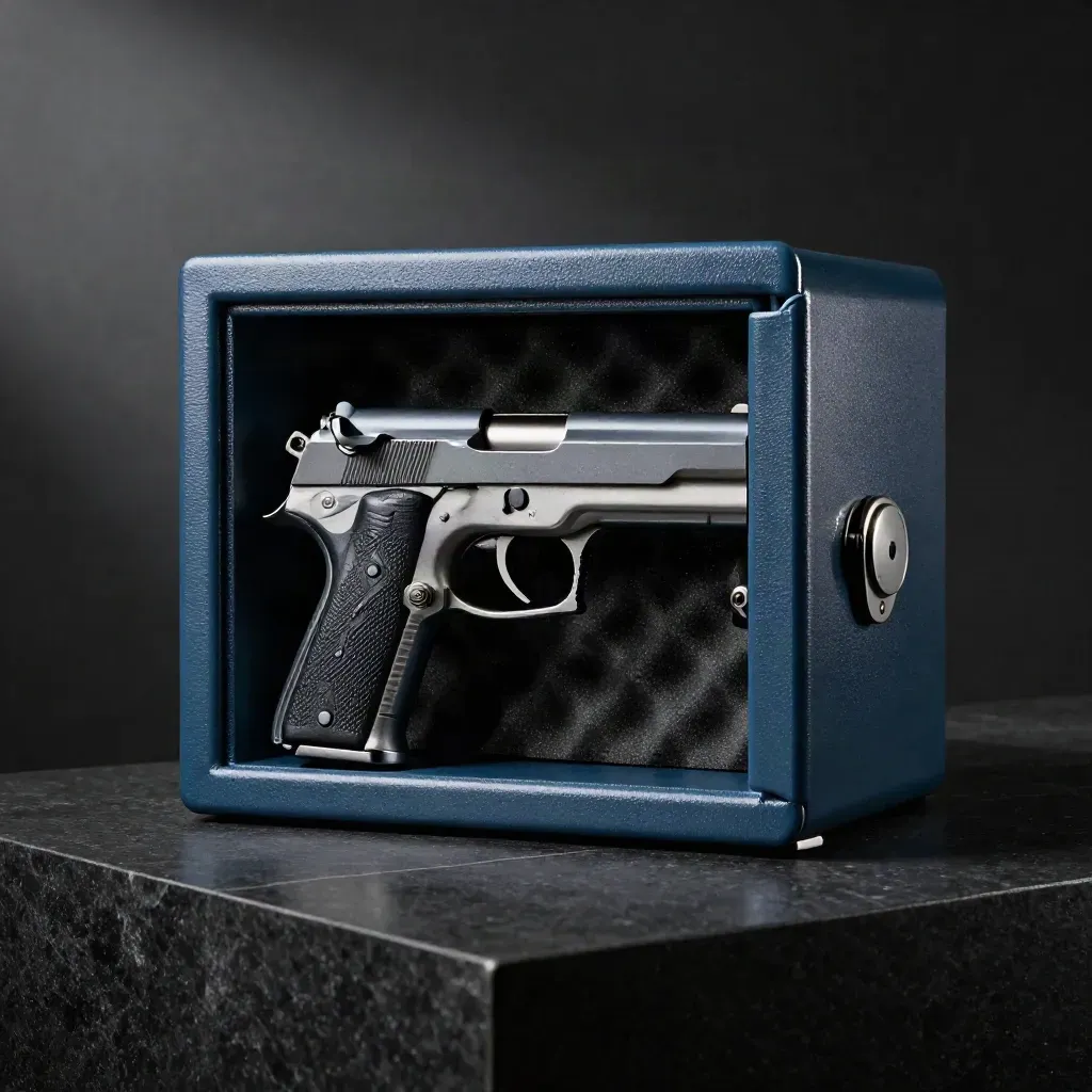 Steel-blue biometric pistol safe half-open on a dark plinth with glowing rim light and haze