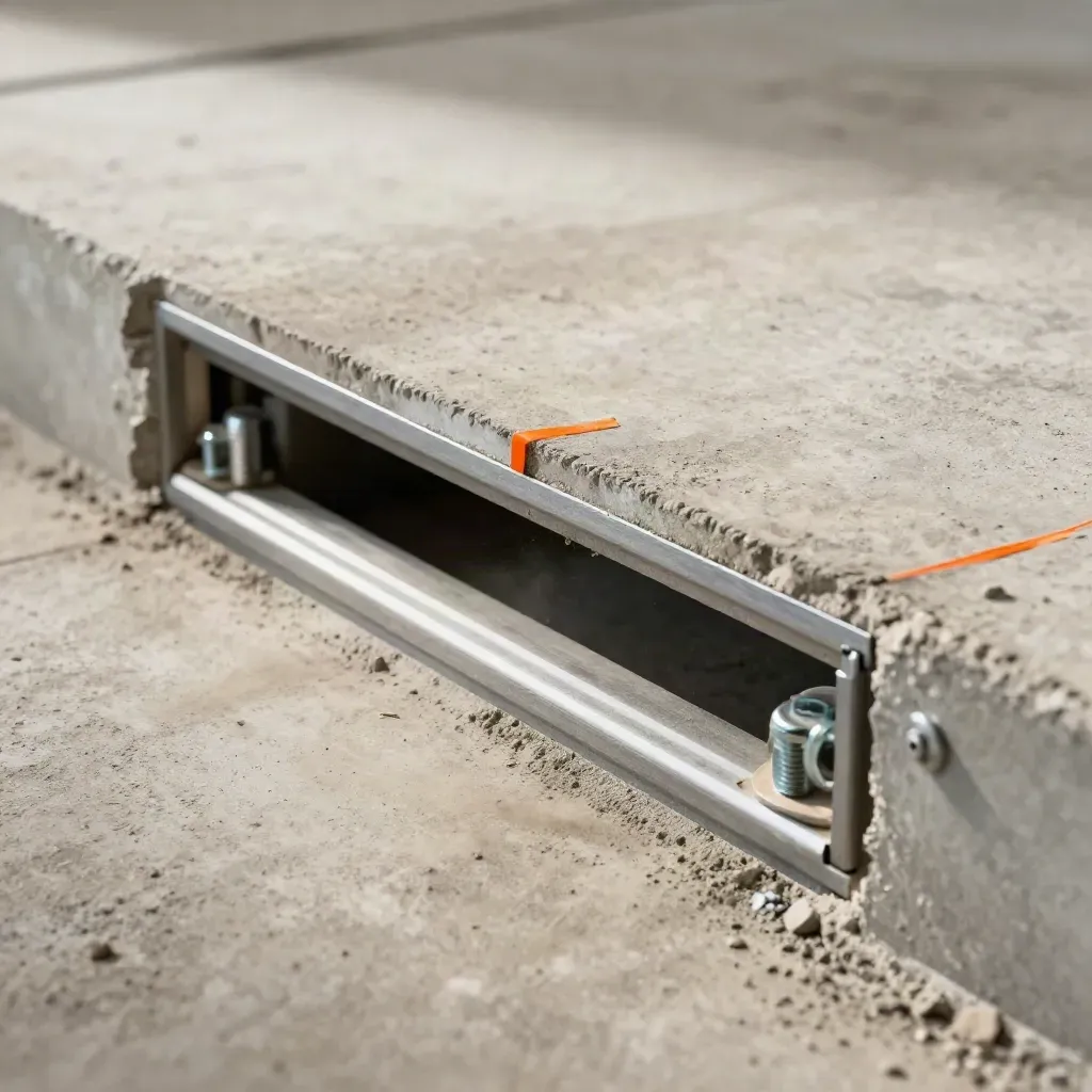 Floor safe set into a concrete slab with anchor bolts, dust, and a safety-orange marker.