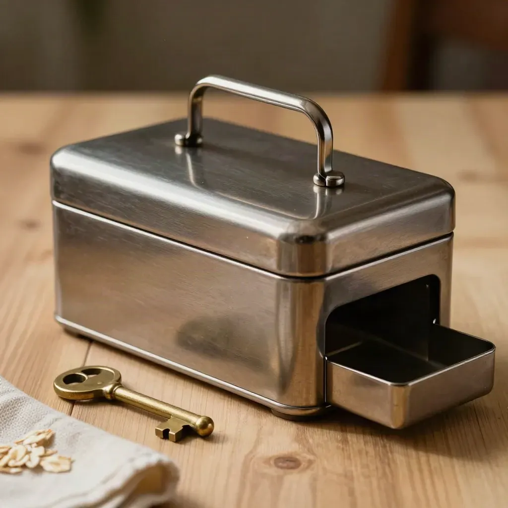 Steel cash box with carry handle sliding to rest beside a key on pale wood.