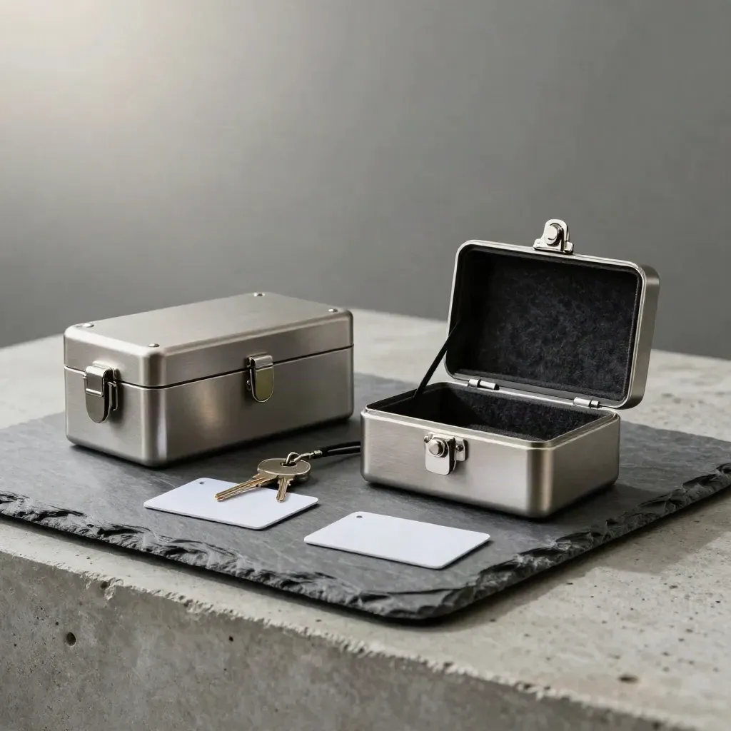 Two silver lockboxes, one open, with keys and cards on a slate surface.