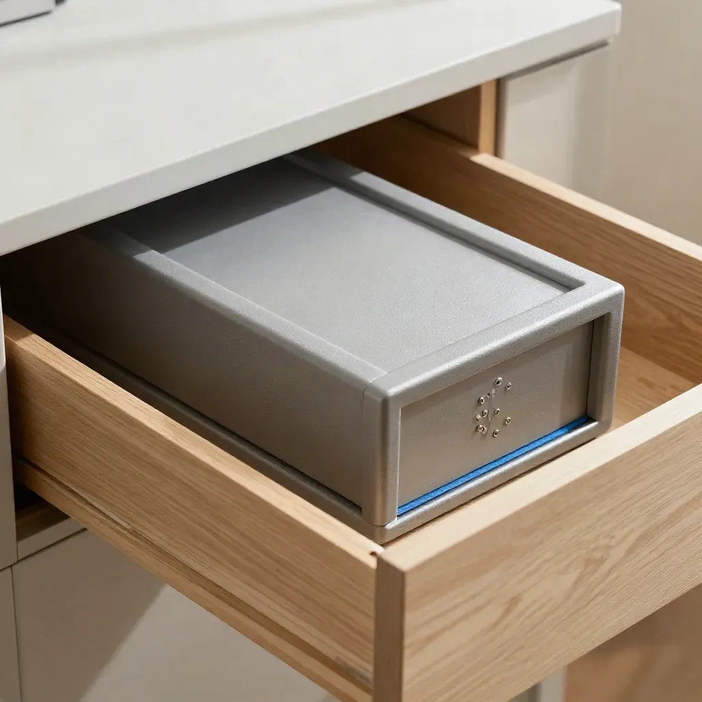 Open drawer with a matte steel office safe, tray and anchor screws on pale oak.