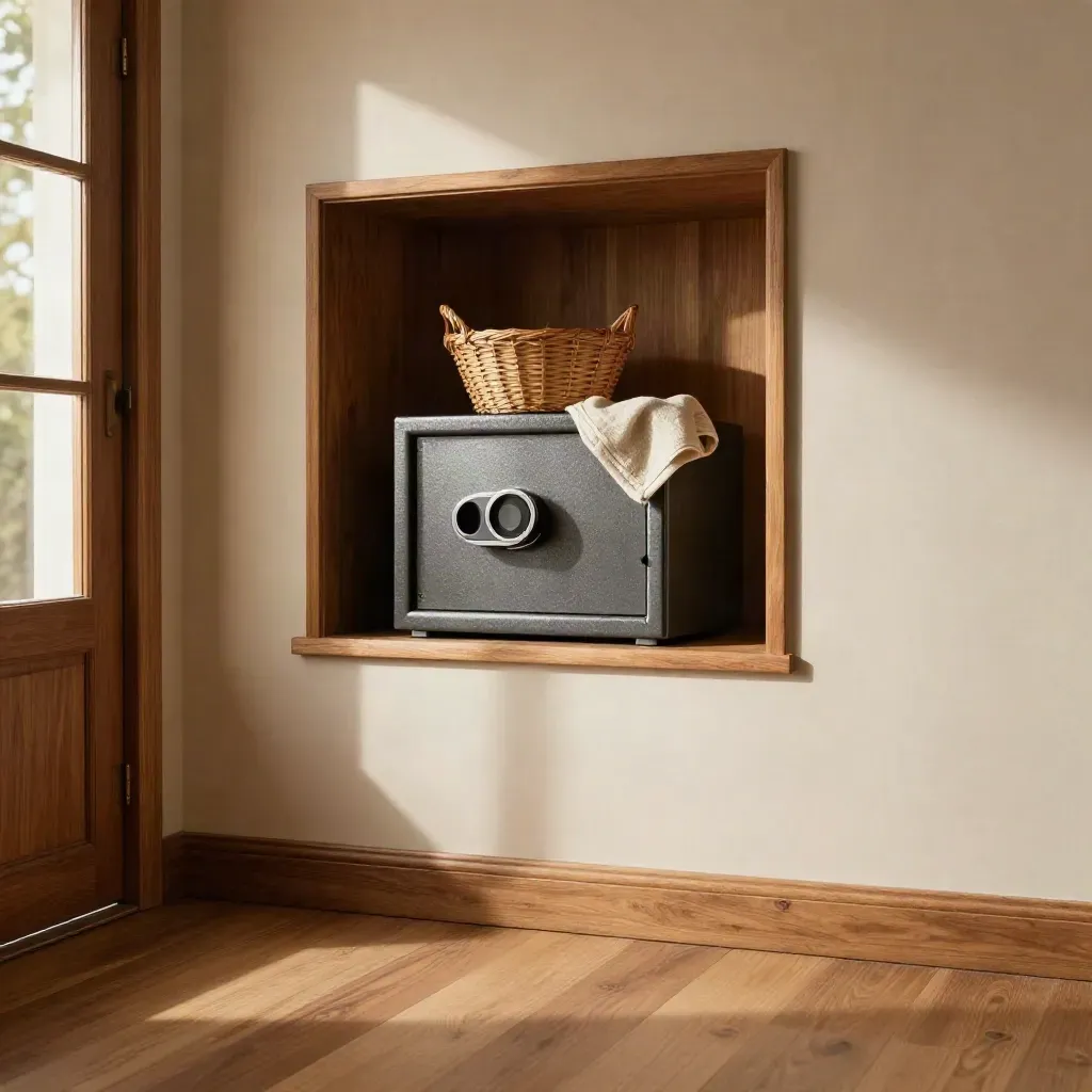 Sunlit oak room with a home safe in a niche and woven basket above open copy space.