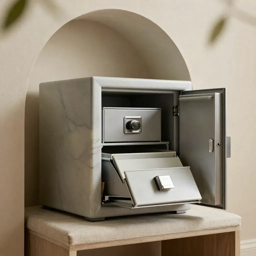 Fireproof document safes on a linen bench under a pale marble arch with soft daylight.