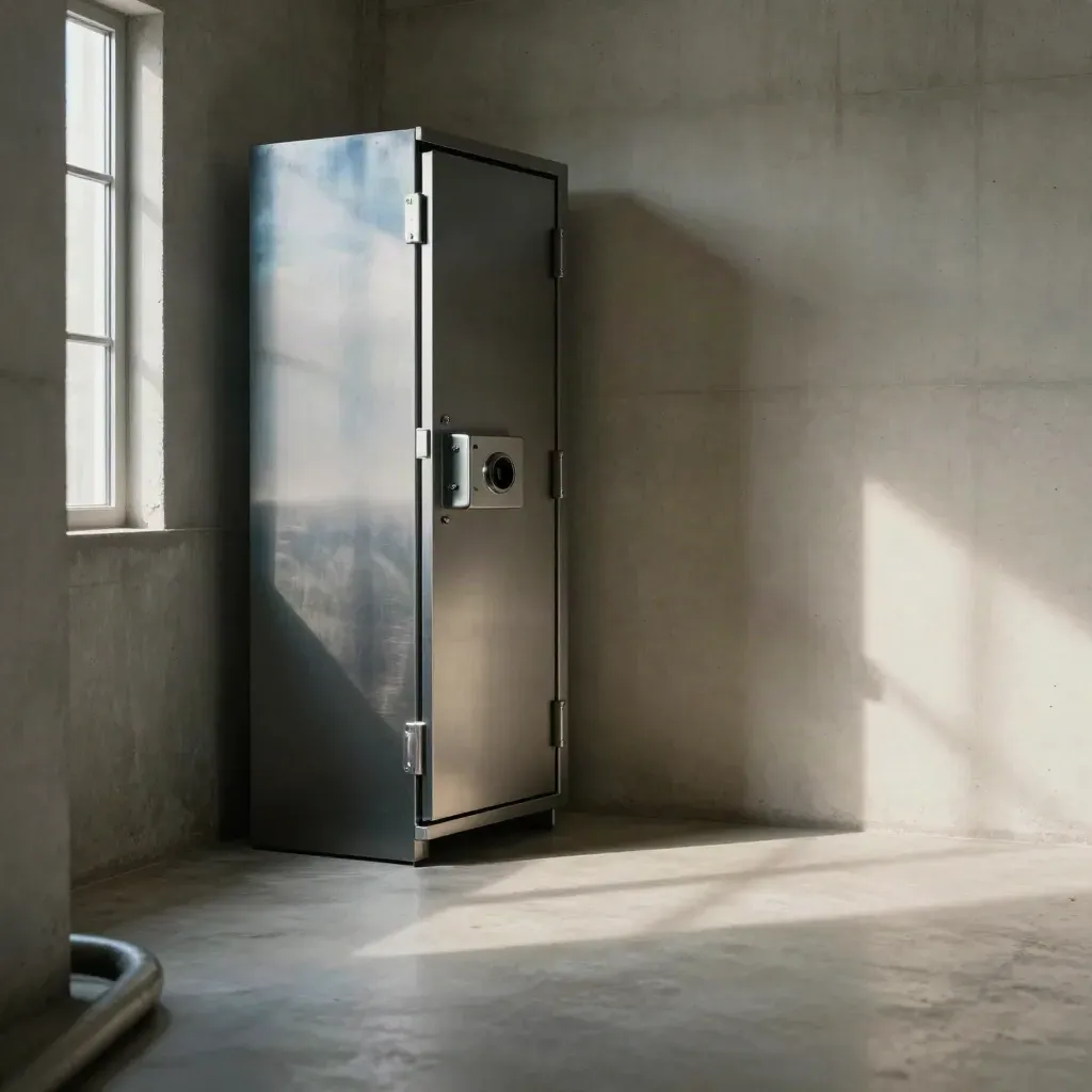 Concrete utility room with a tall steel gun safe under a narrow window glow.