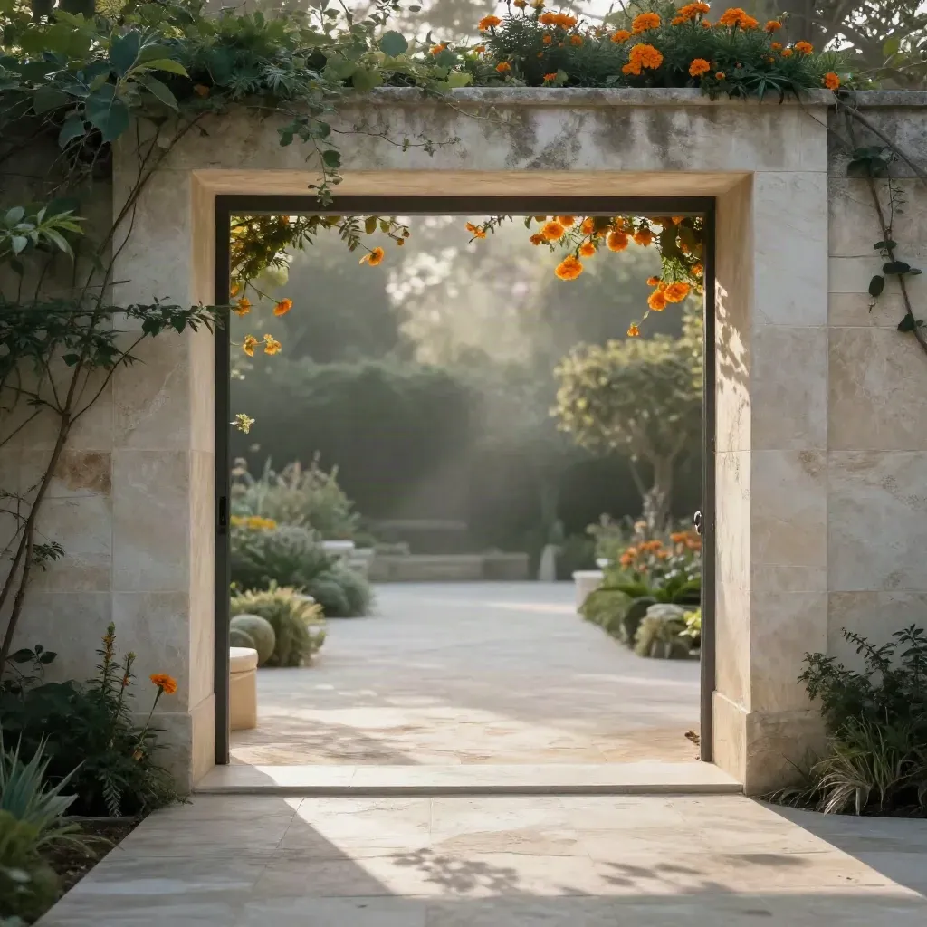 Stone entry in greenery with warm morning light and calm open foreground